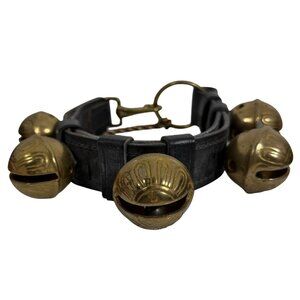 VTG Solid Brass Sleigh Bells On Rustic Heavy Leather Strap Numbered; Farmhouse